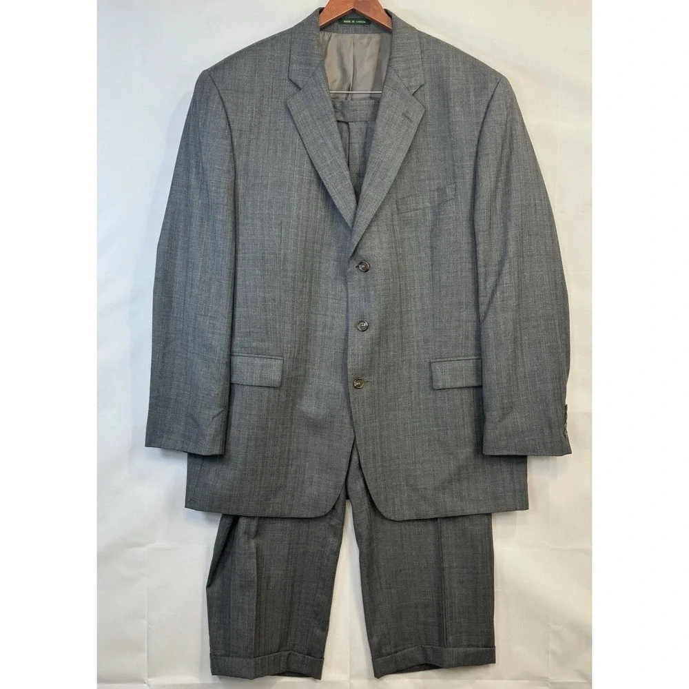 VTG 48L Lauren Ralph Lauren Wool Gray 2-Piece Suit Herringbone 40x28 Classic Fit - Picture 2 of 16